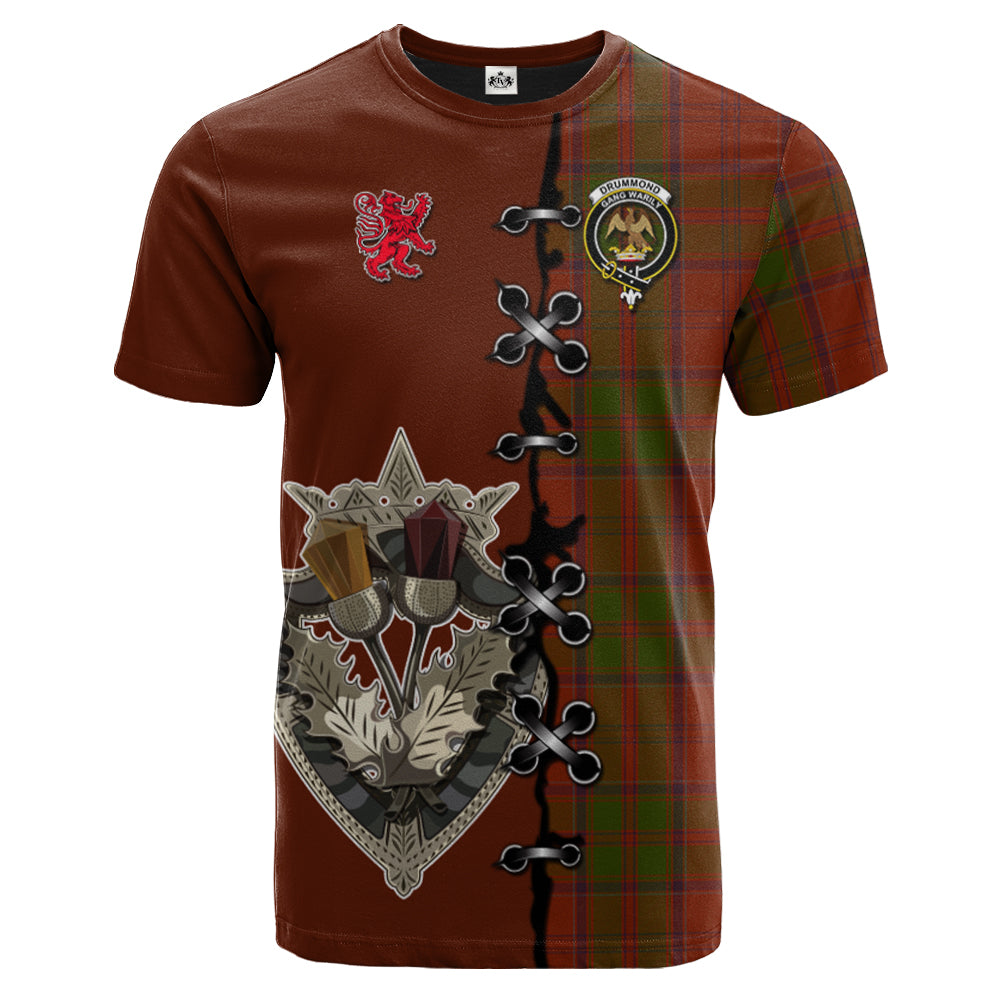 Drummond Clan Tartan T-shirt - Lion Rampant And Celtic Thistle Style