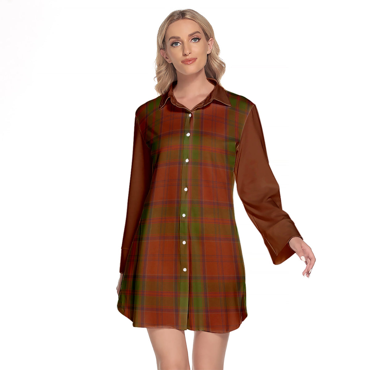 Drummond Ancient Tartan Women's Lapel Shirt Dress With Long Sleeve