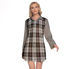 Erskine Black And White Tartan Women's Lapel Shirt Dress With Long Sleeve