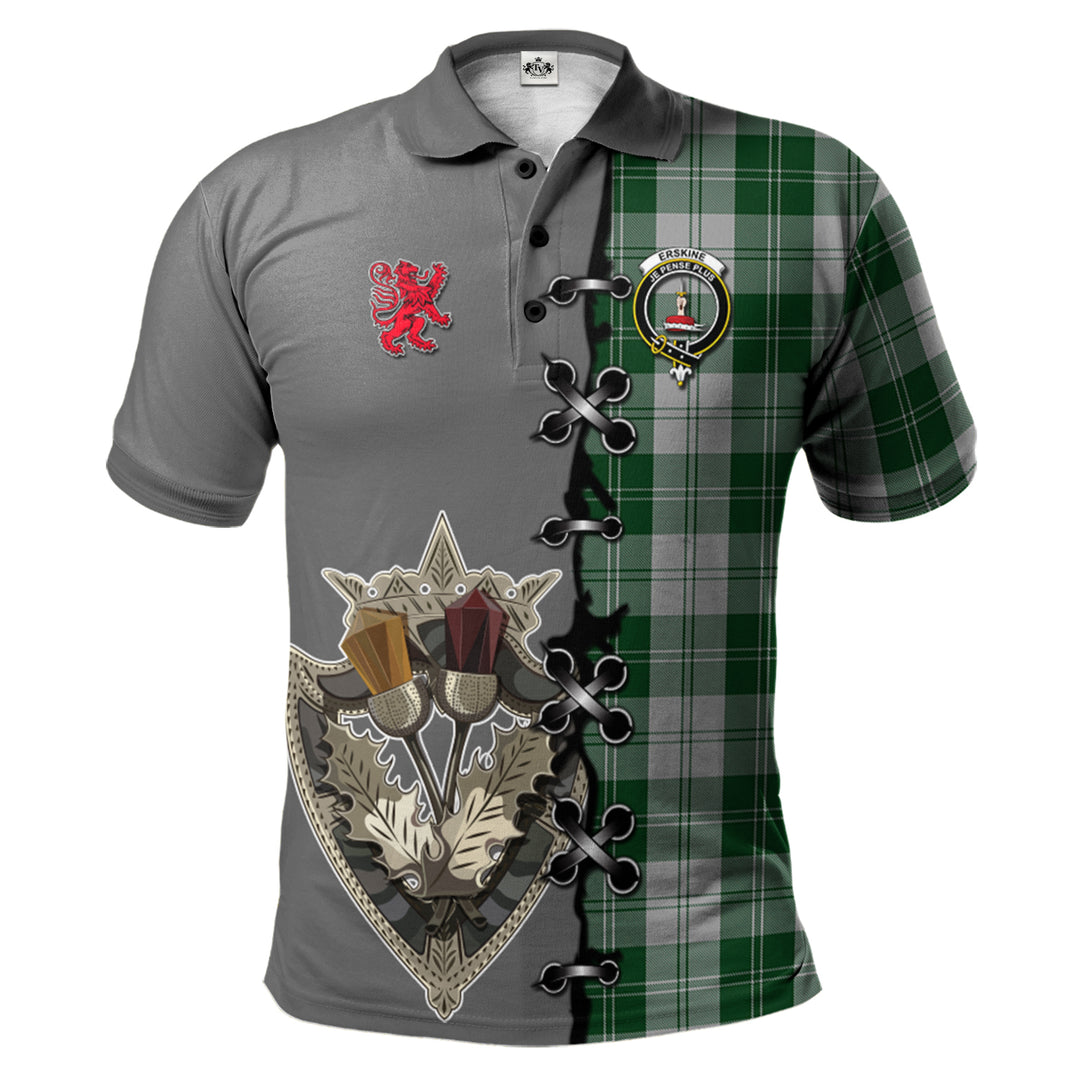 Erskine Green Tartan Polo Shirt - Lion Rampant And Celtic Thistle Style