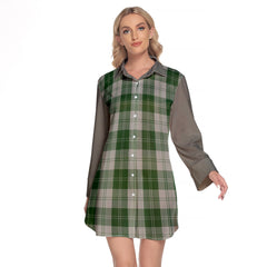 Erskine Green Tartan Women's Lapel Shirt Dress With Long Sleeve