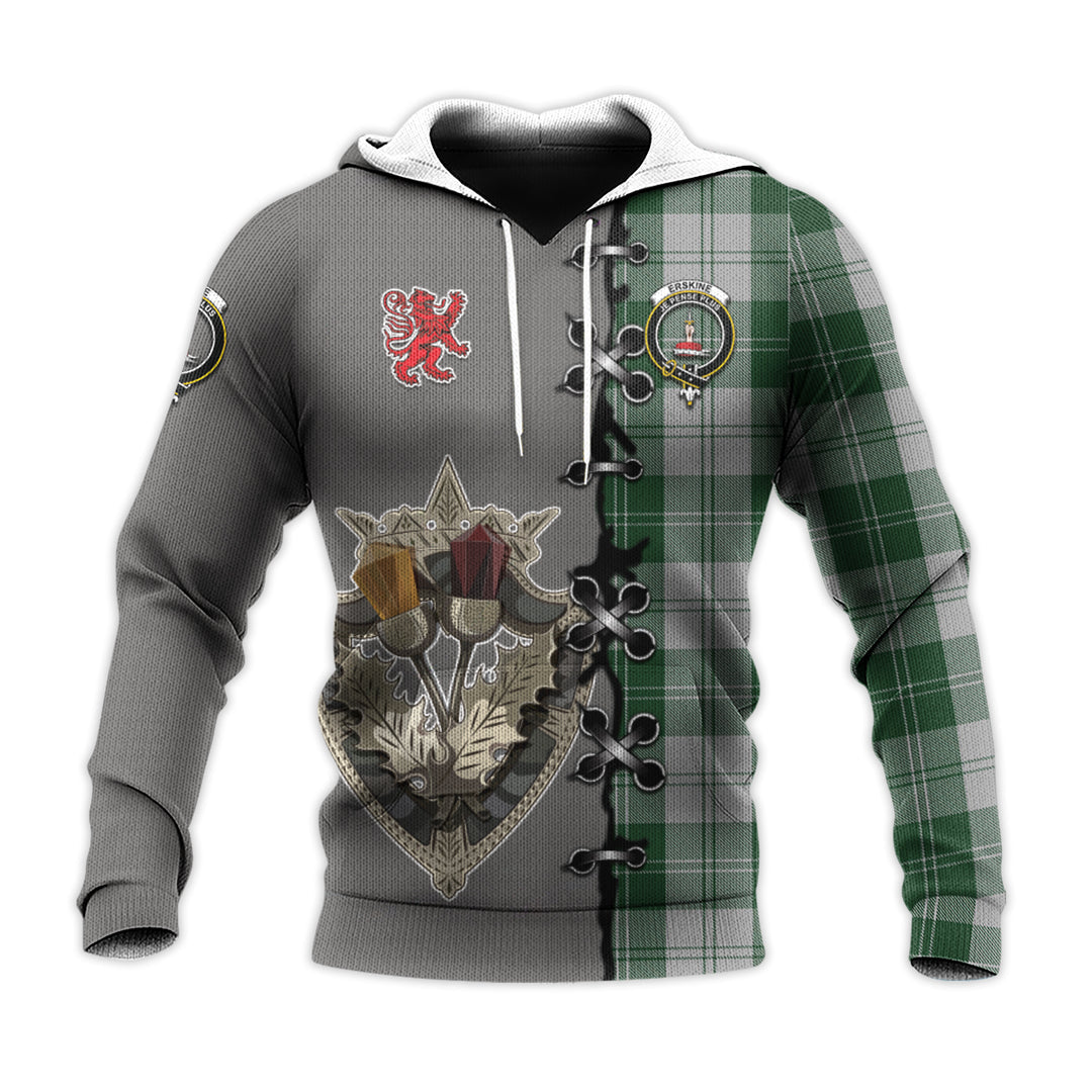 Erskine Green Tartan Hoodie - Lion Rampant And Celtic Thistle Style