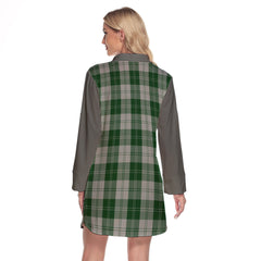 Erskine Green Tartan Women's Lapel Shirt Dress With Long Sleeve