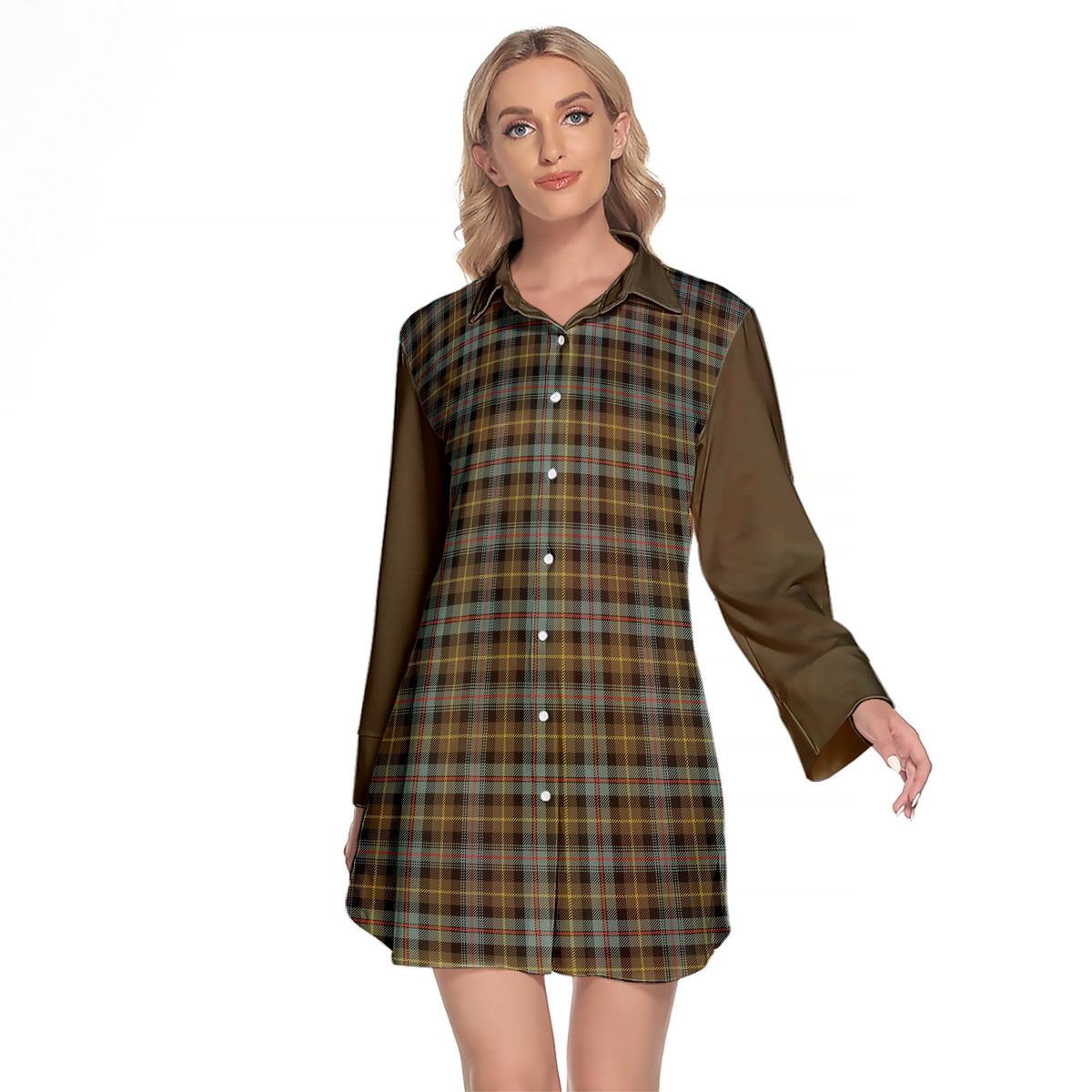 Farquharson Weathered Tartan Women's Lapel Shirt Dress With Long Sleeve