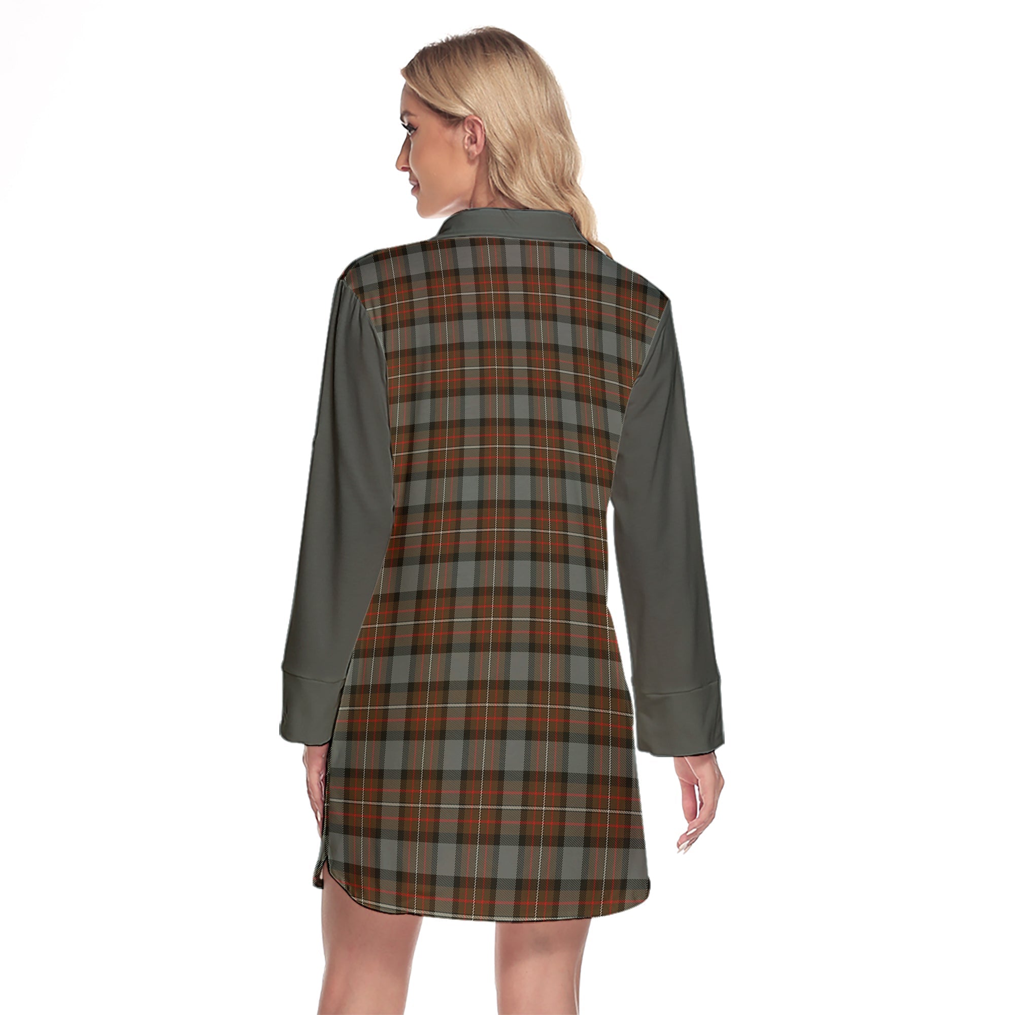 Ferguson Weathered Tartan Women's Lapel Shirt Dress With Long Sleeve