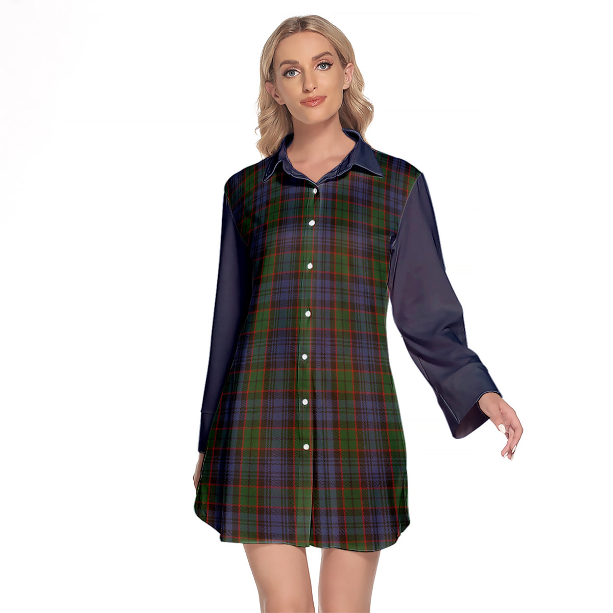 Fletcher Tartan Women's Lapel Shirt Dress With Long Sleeve