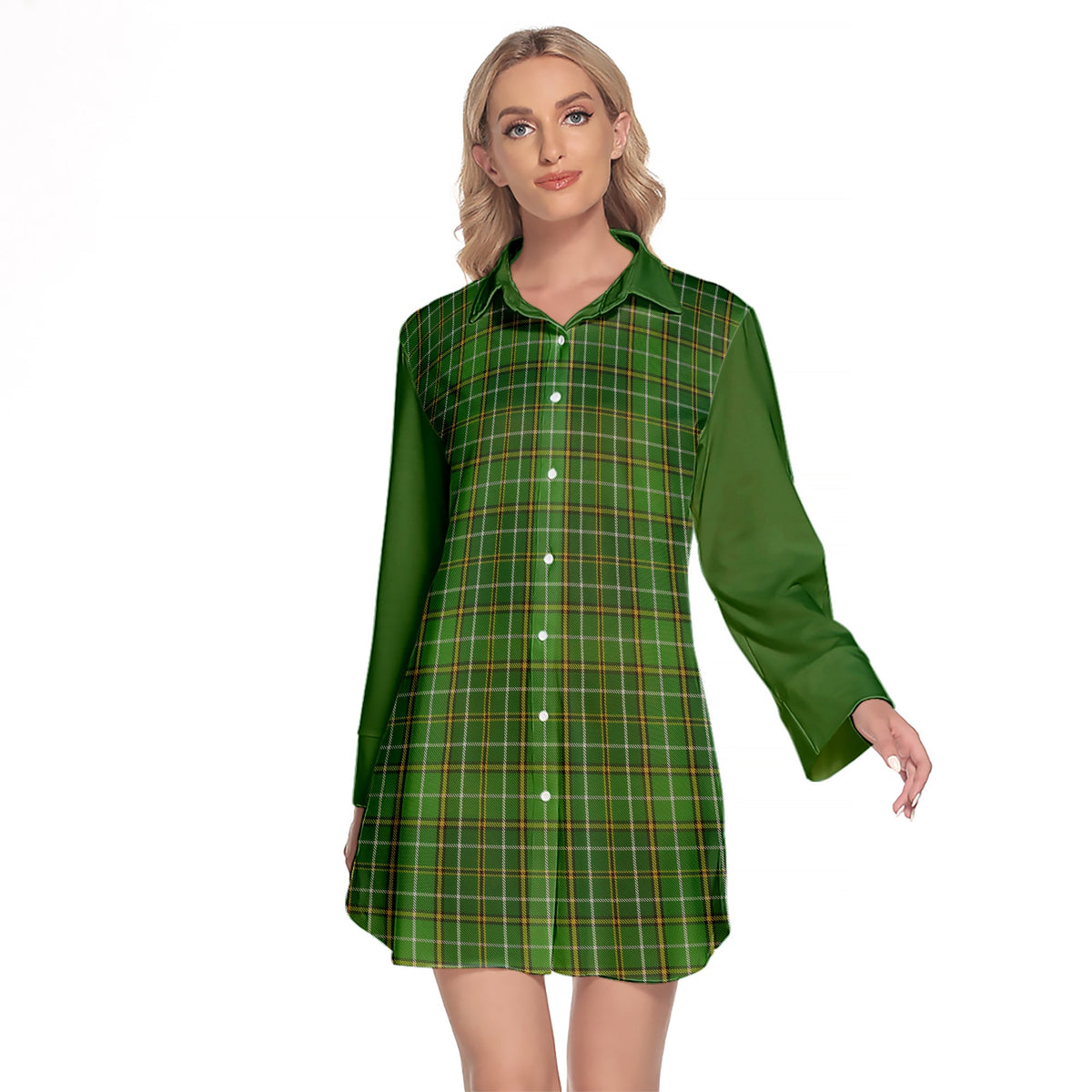 Forrester Or Foster Hunting Tartan Women's Lapel Shirt Dress With Long Sleeve