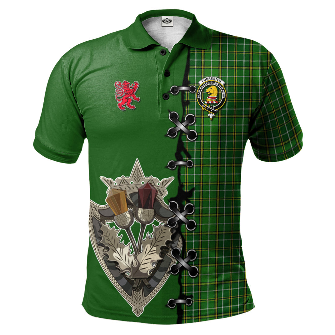 Forrester or Foster Hunting Tartan Polo Shirt - Lion Rampant And Celtic Thistle Style