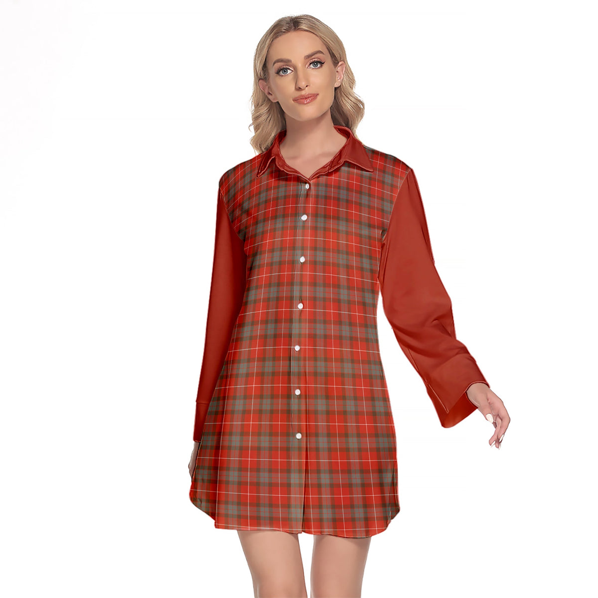 Fraser Weathered Tartan Women's Lapel Shirt Dress With Long Sleeve