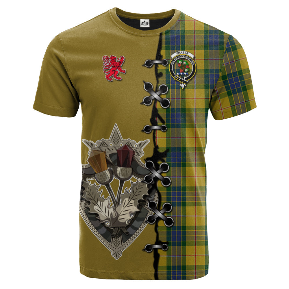 Fraser Yellow Tartan T-shirt - Lion Rampant And Celtic Thistle Style