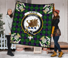 Leslie Hunting Tartan Crest Premium Quilt - Gold Thistle Style - SP