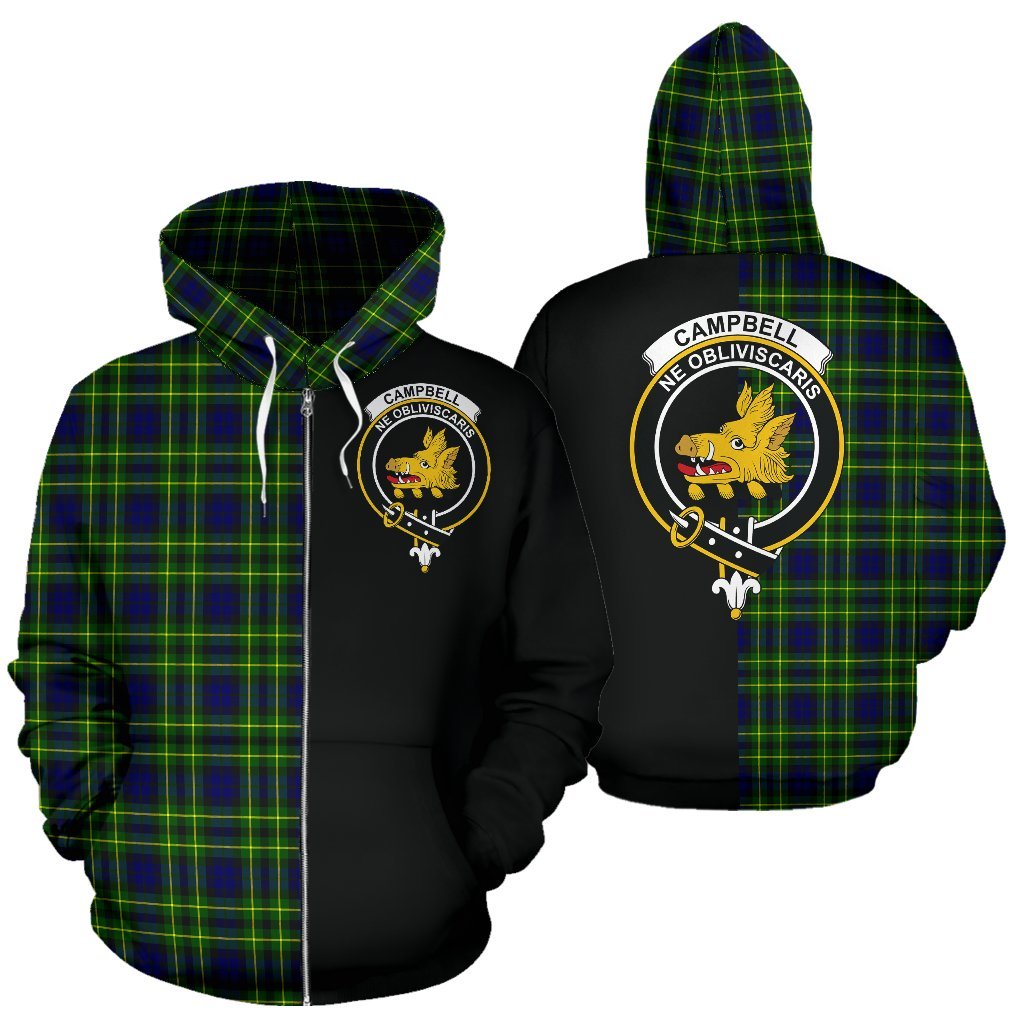 Campbell of Breadalbane Modern Tartan Crest Zipper Hoodie - Half Of Me Style