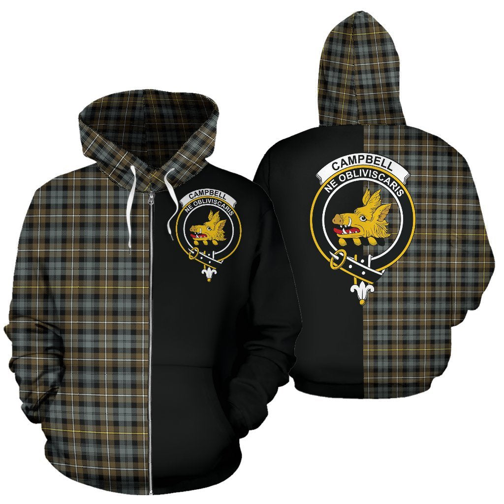 Campbell Argyll Weathered Tartan Crest Zipper Hoodie - Half Of Me Style