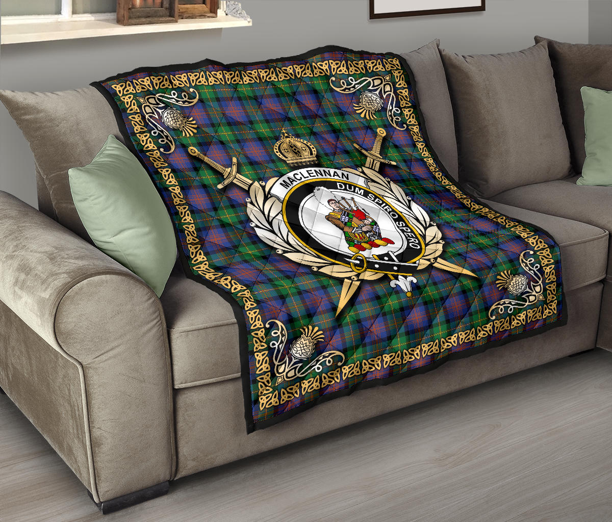 MacLennan Ancient Tartan Crest Premium Quilt - Celtic Thistle Style SP