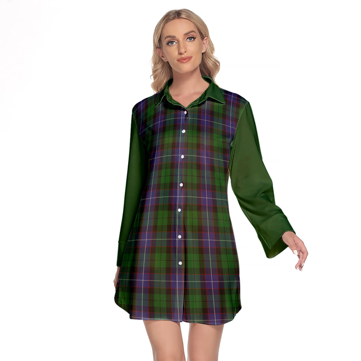 Galbraith Tartan Women's Lapel Shirt Dress With Long Sleeve