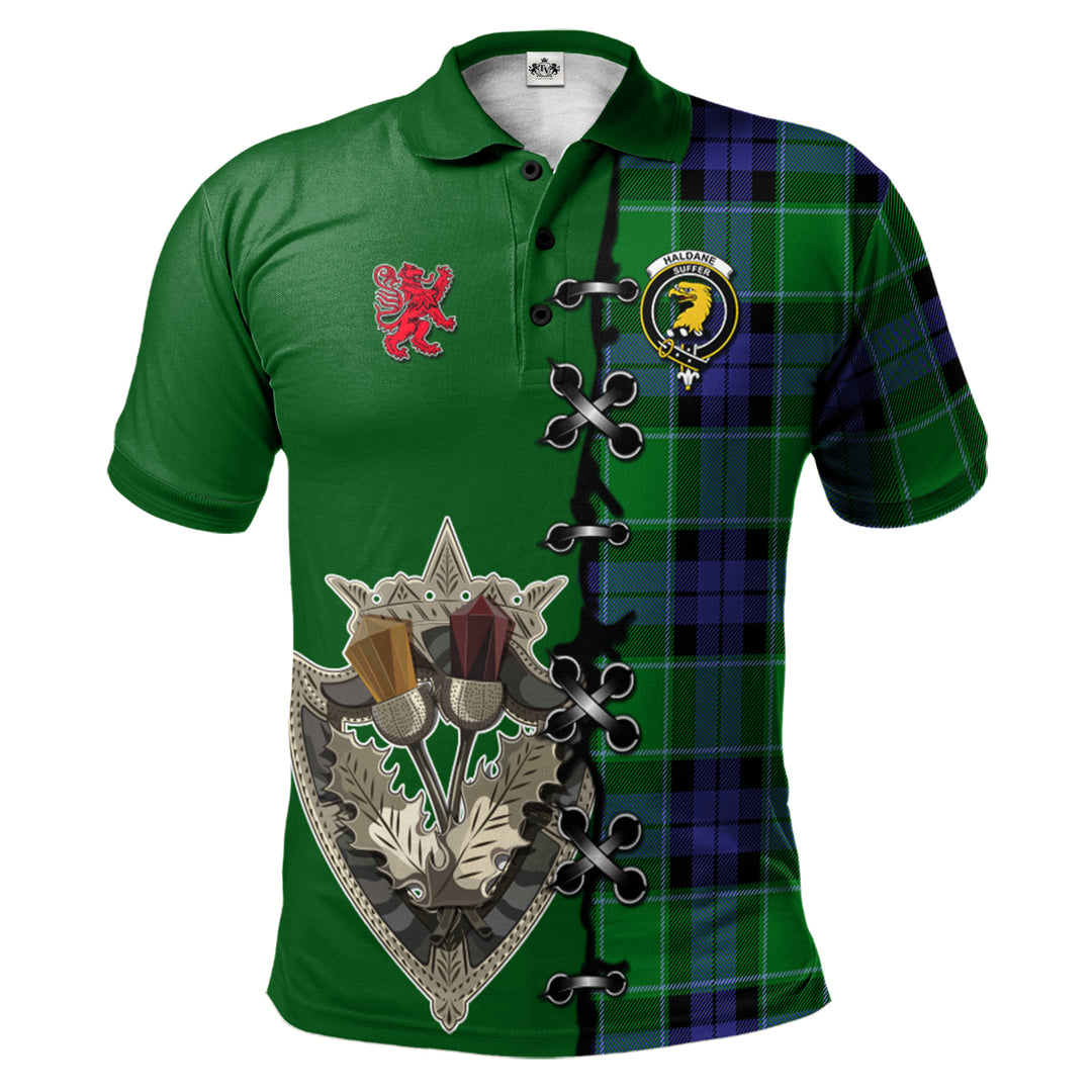 Haldane Tartan Polo Shirt - Lion Rampant And Celtic Thistle Style