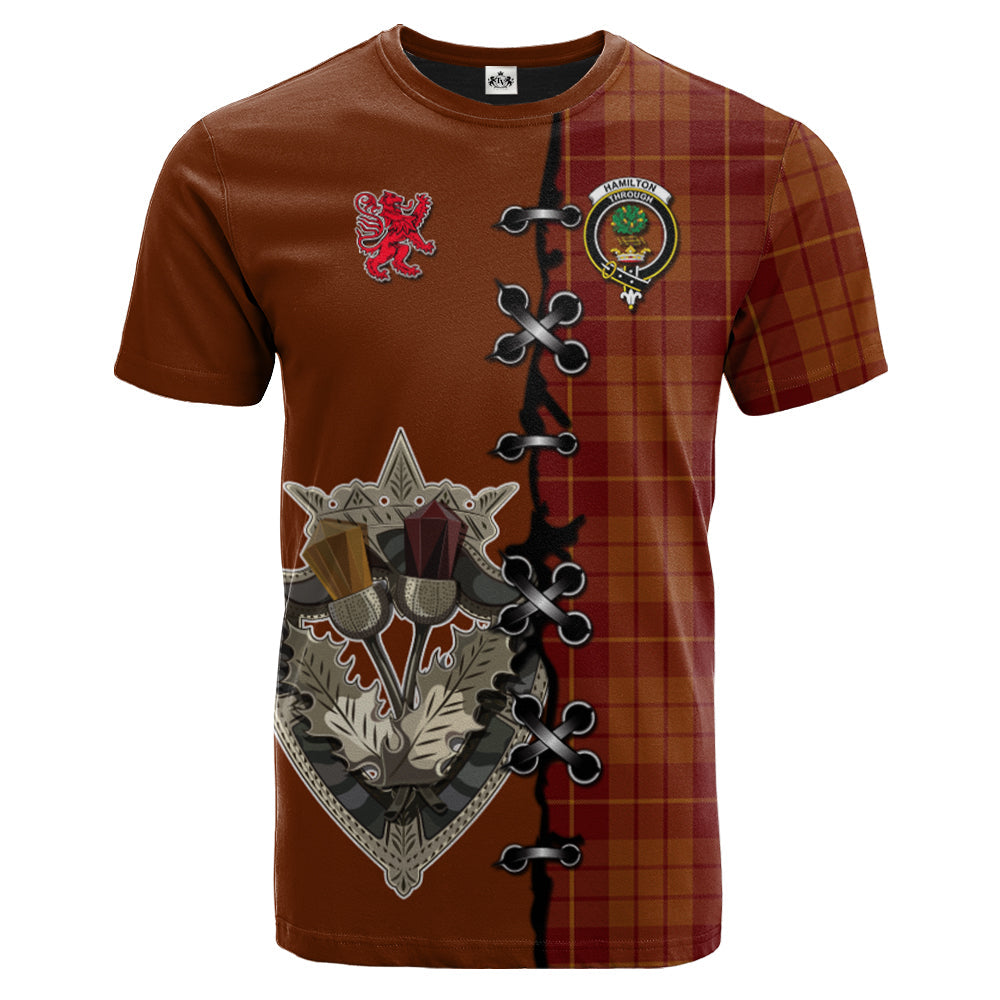 Hamilton Red Tartan T-shirt - Lion Rampant And Celtic Thistle Style