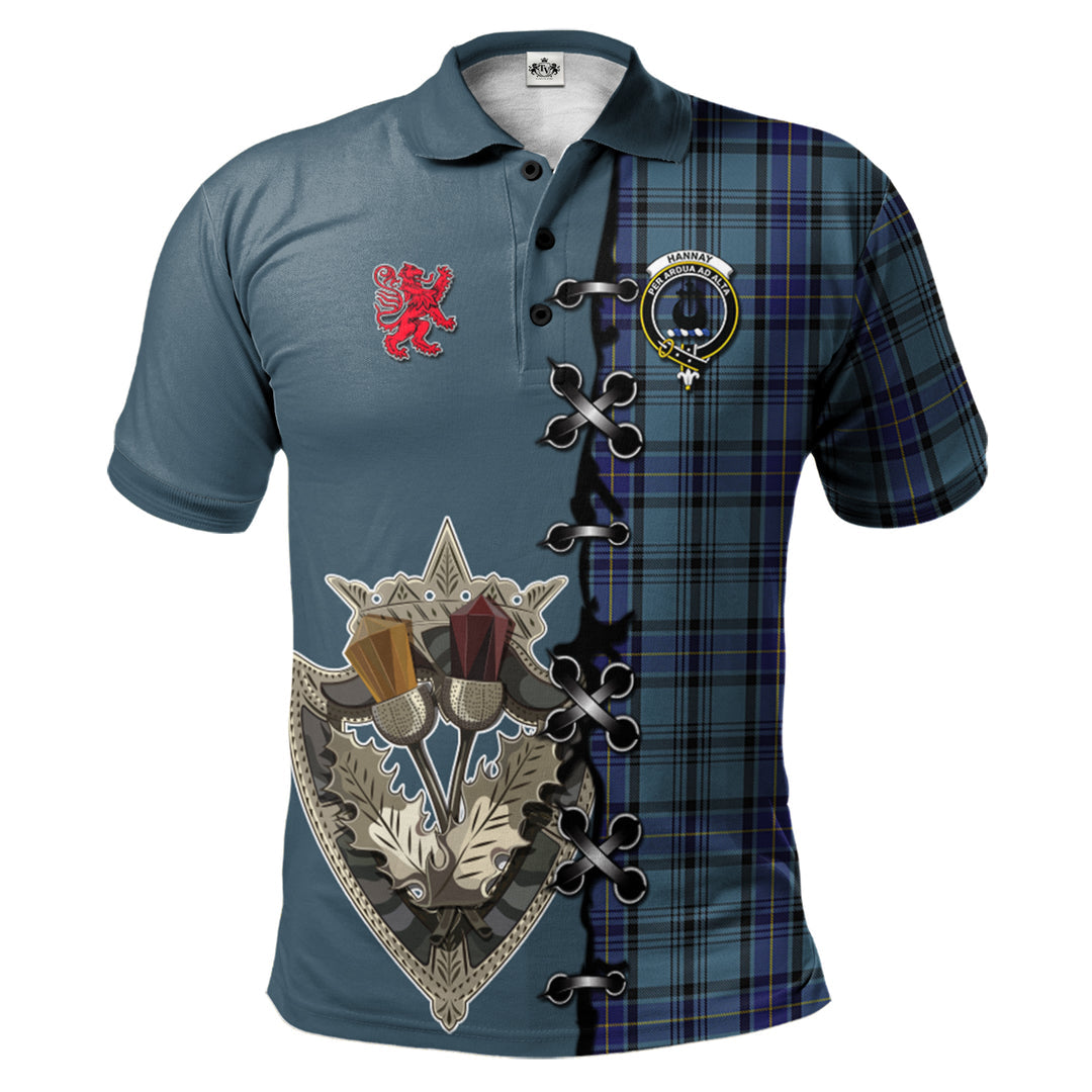 Hannay Blue Tartan Polo Shirt - Lion Rampant And Celtic Thistle Style