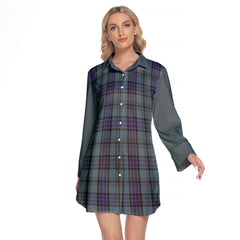 Hannay Blue Tartan Women's Lapel Shirt Dress With Long Sleeve