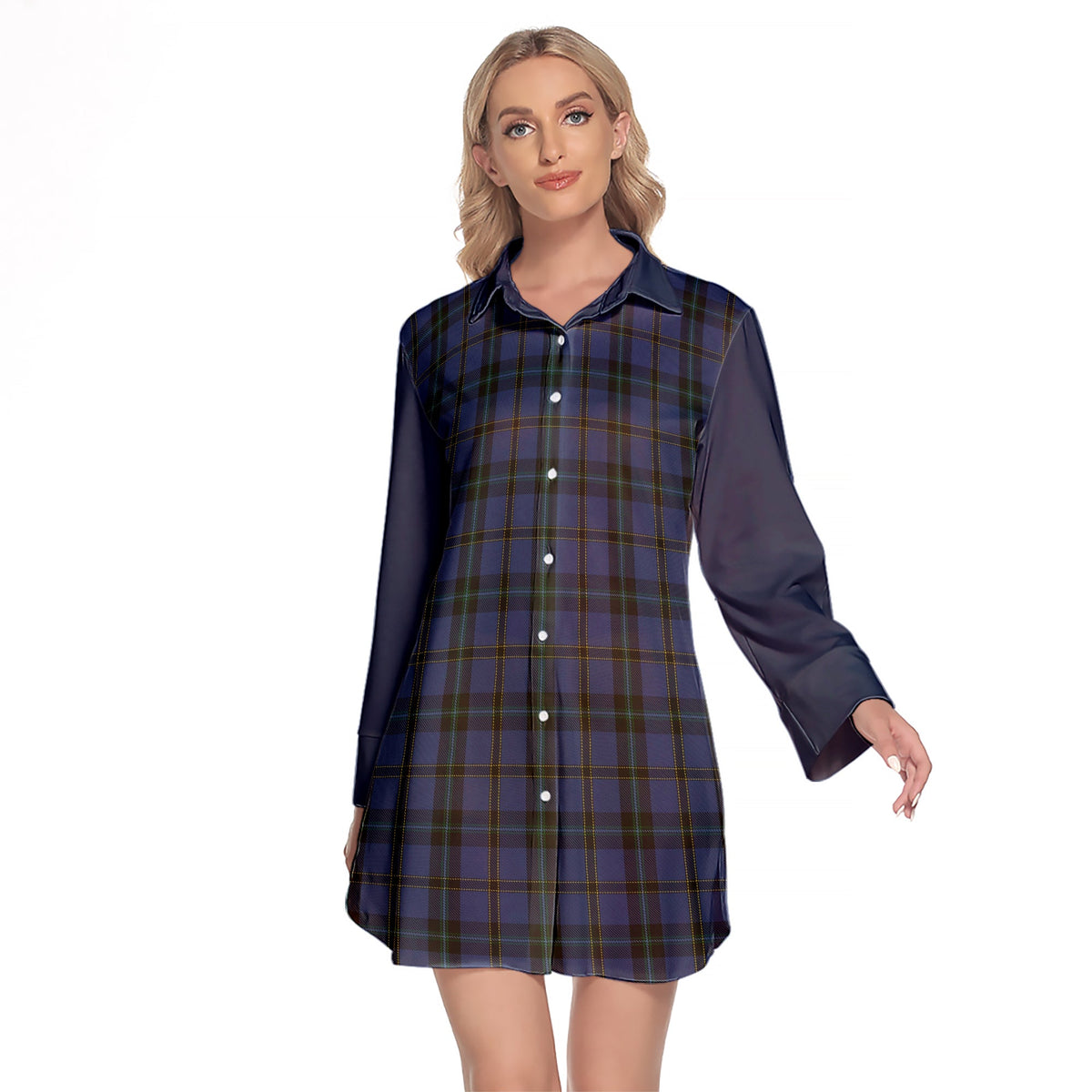 Hope (Vere - Weir) Tartan Women's Lapel Shirt Dress With Long Sleeve