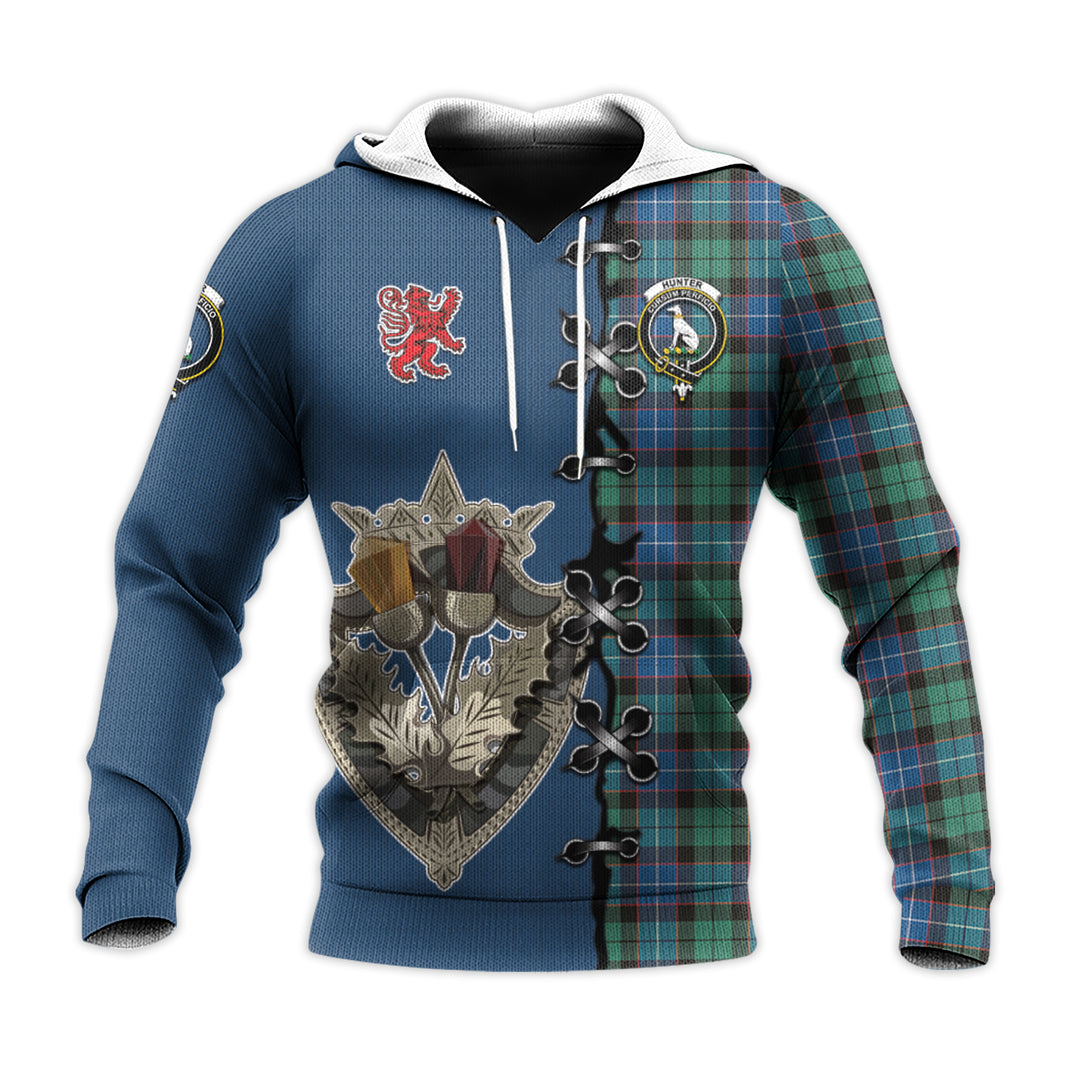 Hunter Ancient Tartan Hoodie - Lion Rampant And Celtic Thistle Style