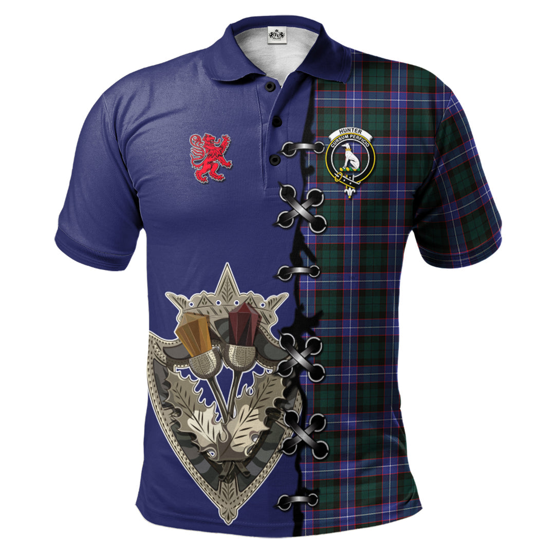 Hunter Modern Tartan Polo Shirt - Lion Rampant And Celtic Thistle Style