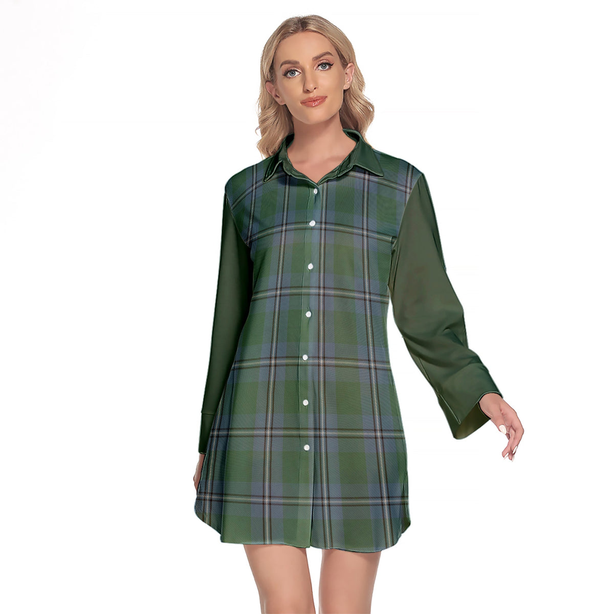 Irvine Of Drum Tartan Women's Lapel Shirt Dress With Long Sleeve