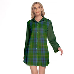 Johnston Tartan Women's Lapel Shirt Dress With Long Sleeve