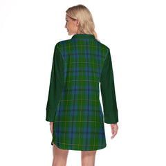 Johnston Tartan Women's Lapel Shirt Dress With Long Sleeve