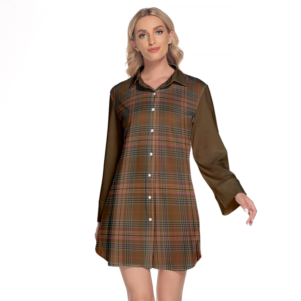 Kennedy Weathered Tartan Women's Lapel Shirt Dress With Long Sleeve