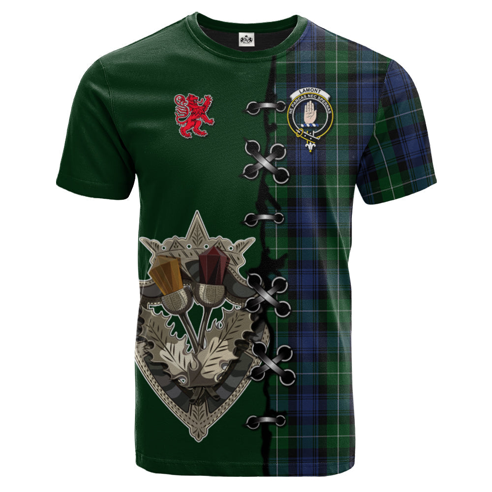 Lamont 2 Tartan T-shirt - Lion Rampant And Celtic Thistle Style