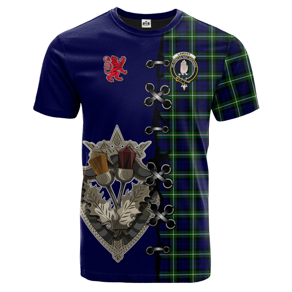 Lamont Modern Tartan T-shirt - Lion Rampant And Celtic Thistle Style