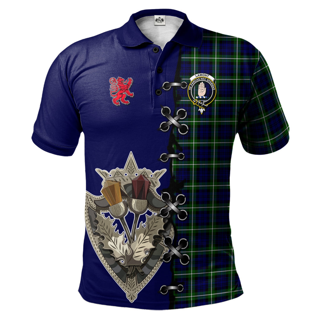 Lamont Modern Tartan Polo Shirt - Lion Rampant And Celtic Thistle Style
