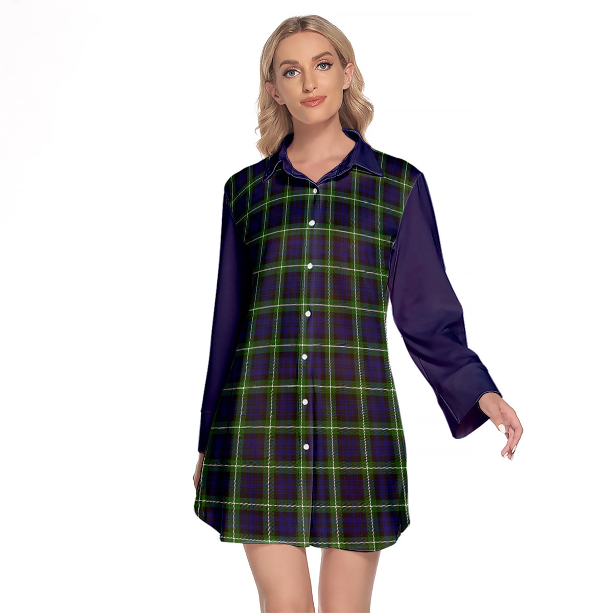 Lamont Modern Tartan Women's Lapel Shirt Dress With Long Sleeve
