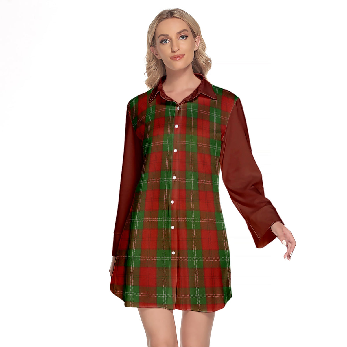 Lennox Tartan Women's Lapel Shirt Dress With Long Sleeve