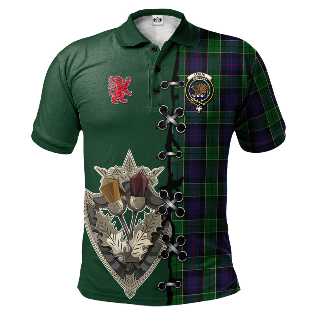 Leslie Hunting Tartan Polo Shirt - Lion Rampant And Celtic Thistle Style