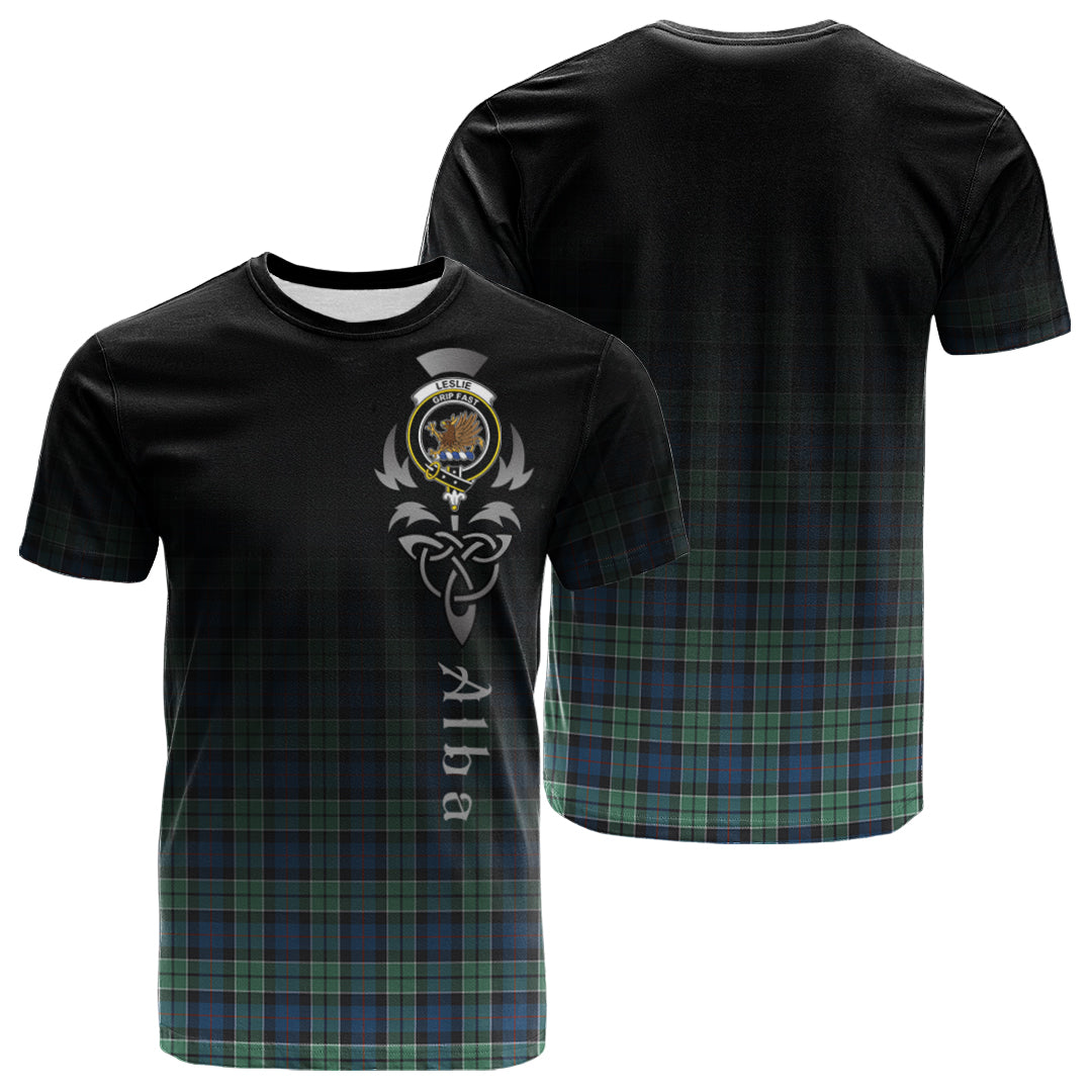 Leslie Hunting Ancient Tartan Crest T-shirt - Alba Celtic Style