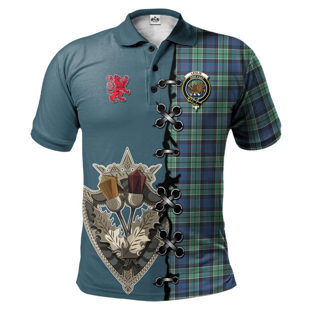Leslie Hunting Ancient Tartan Polo Shirt - Lion Rampant And Celtic Thistle Style