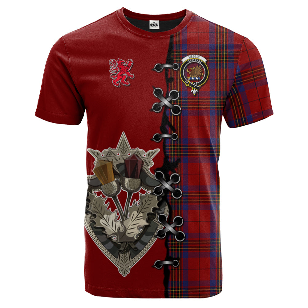 Leslie Red Tartan T-shirt - Lion Rampant And Celtic Thistle Style