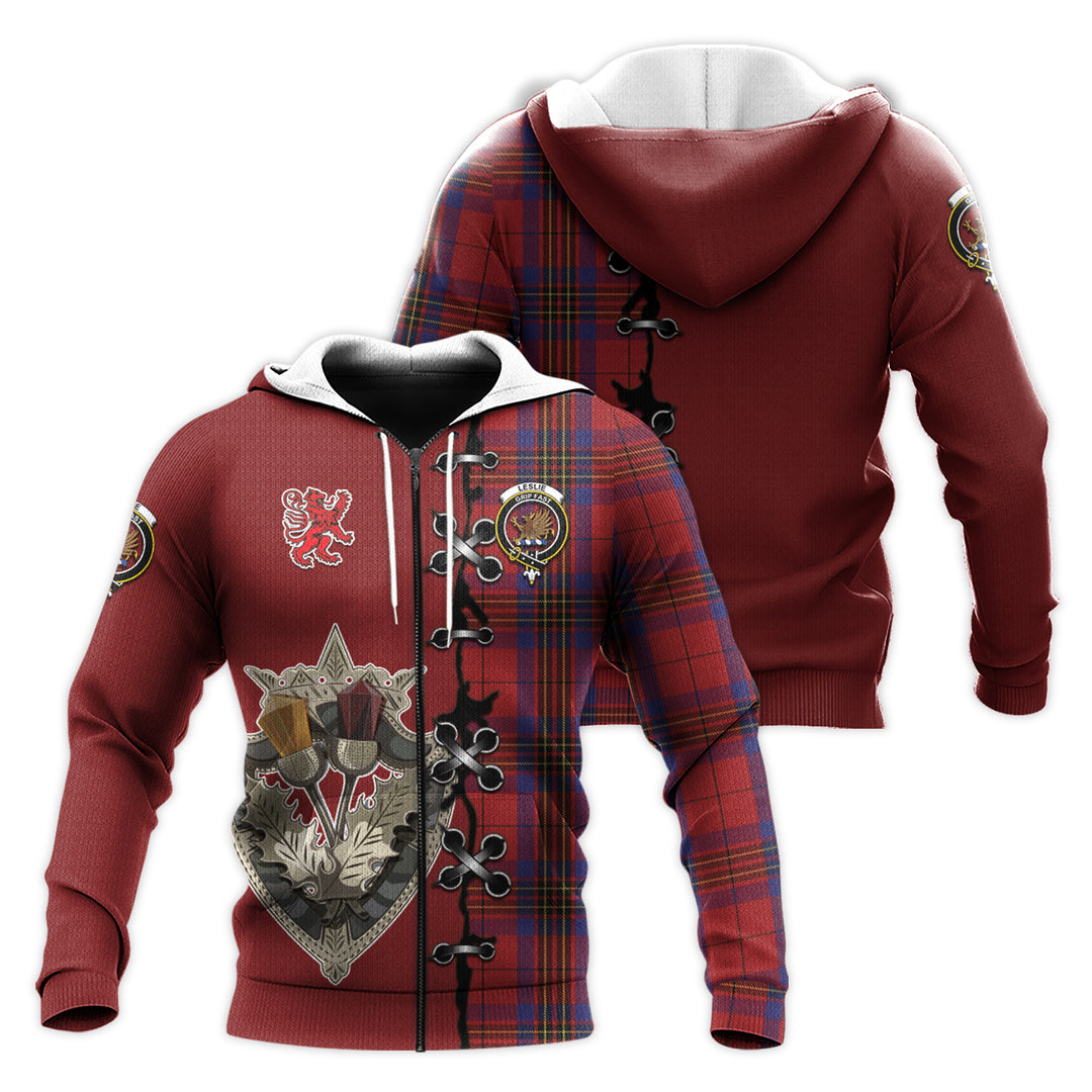 Leslie Red Tartan Hoodie - Lion Rampant And Celtic Thistle Style