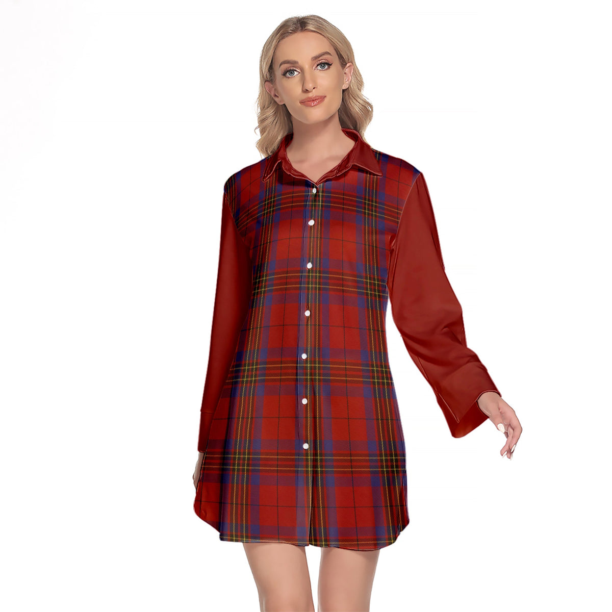 Leslie Red Tartan Women's Lapel Shirt Dress With Long Sleeve