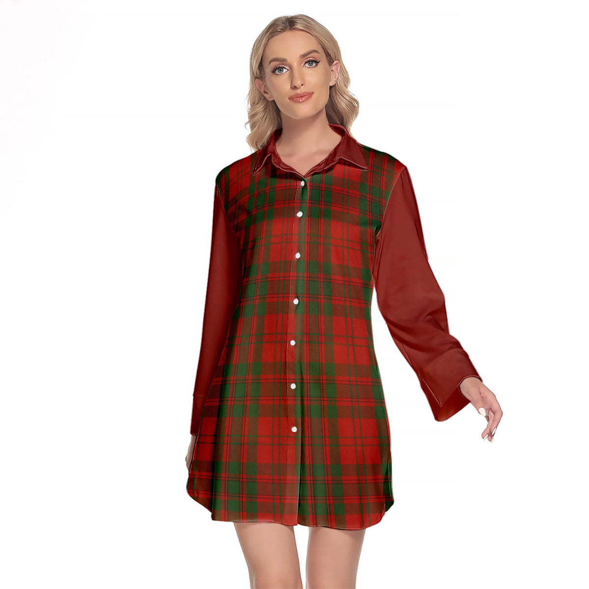 Livingston Tartan Women's Lapel Shirt Dress With Long Sleeve