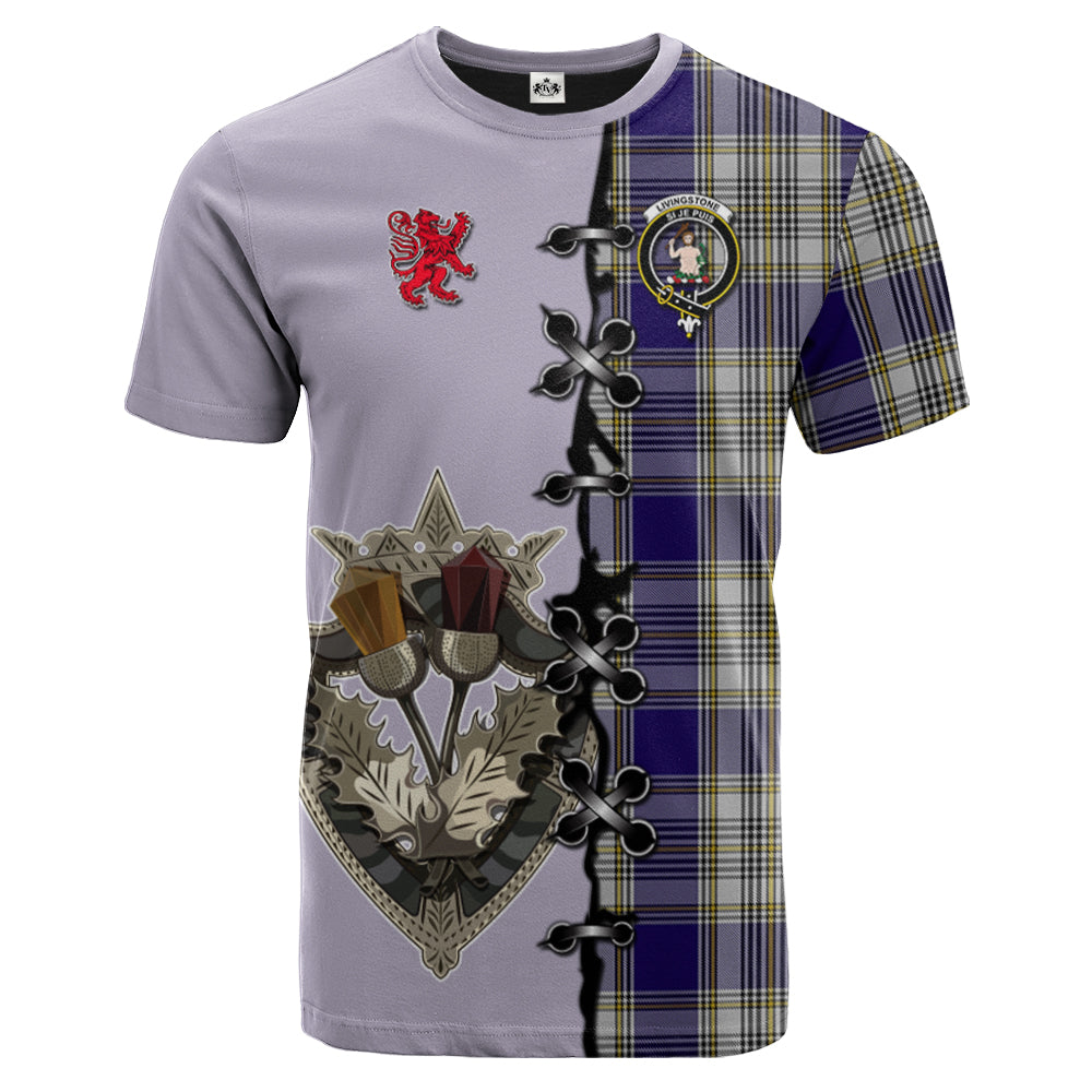 Livingston Dress Tartan T-shirt - Lion Rampant And Celtic Thistle Style