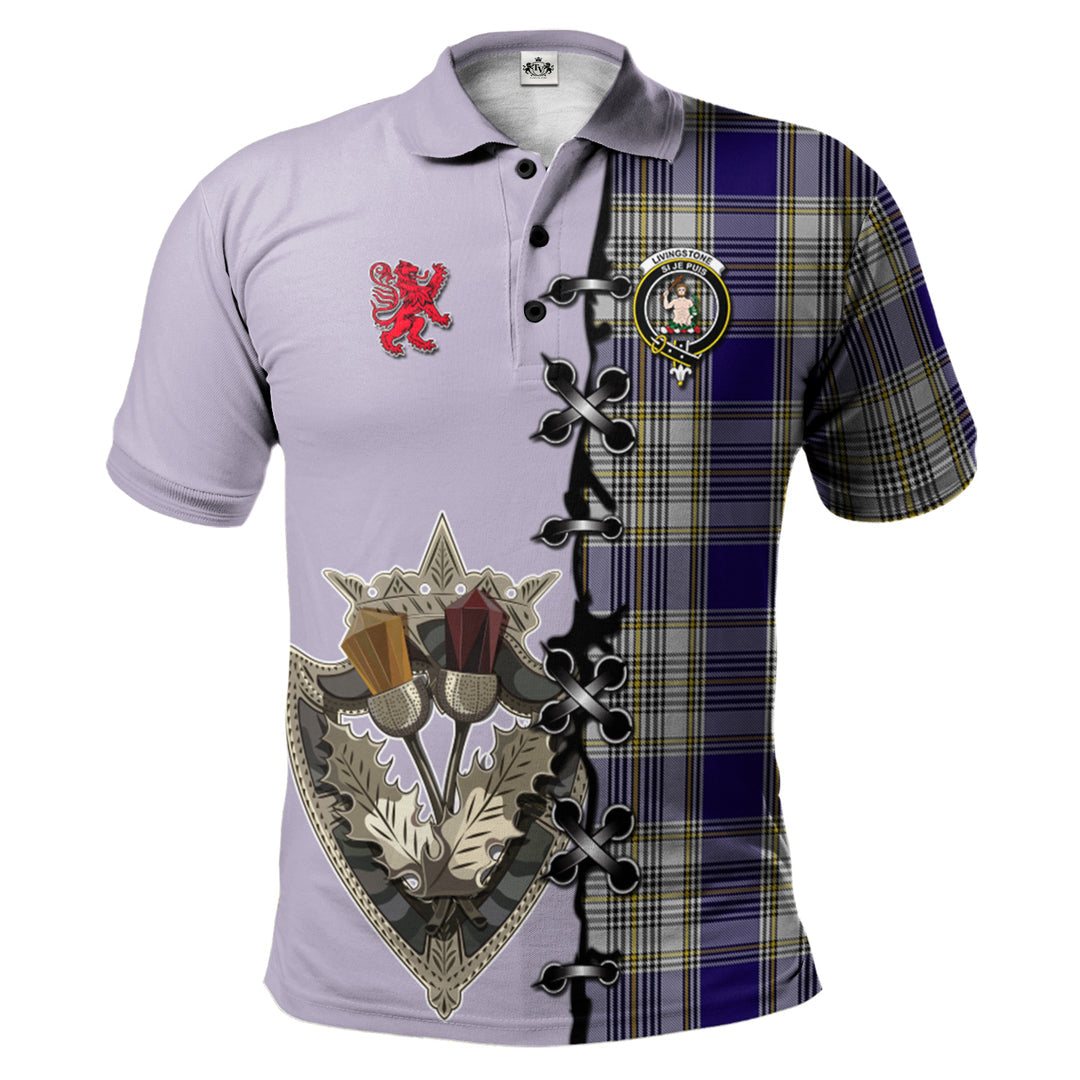 Livingston Dress Tartan Polo Shirt - Lion Rampant And Celtic Thistle Style