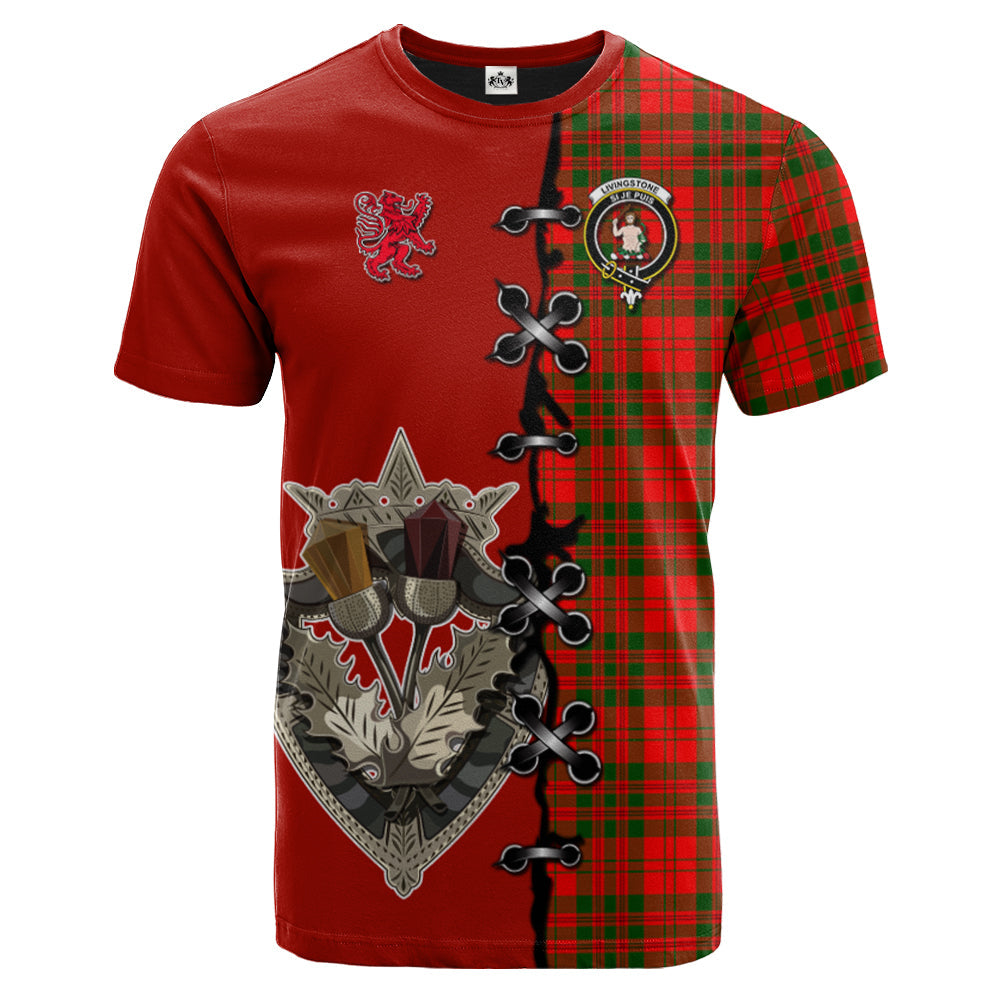 Livingston Modern Tartan T-shirt - Lion Rampant And Celtic Thistle Style