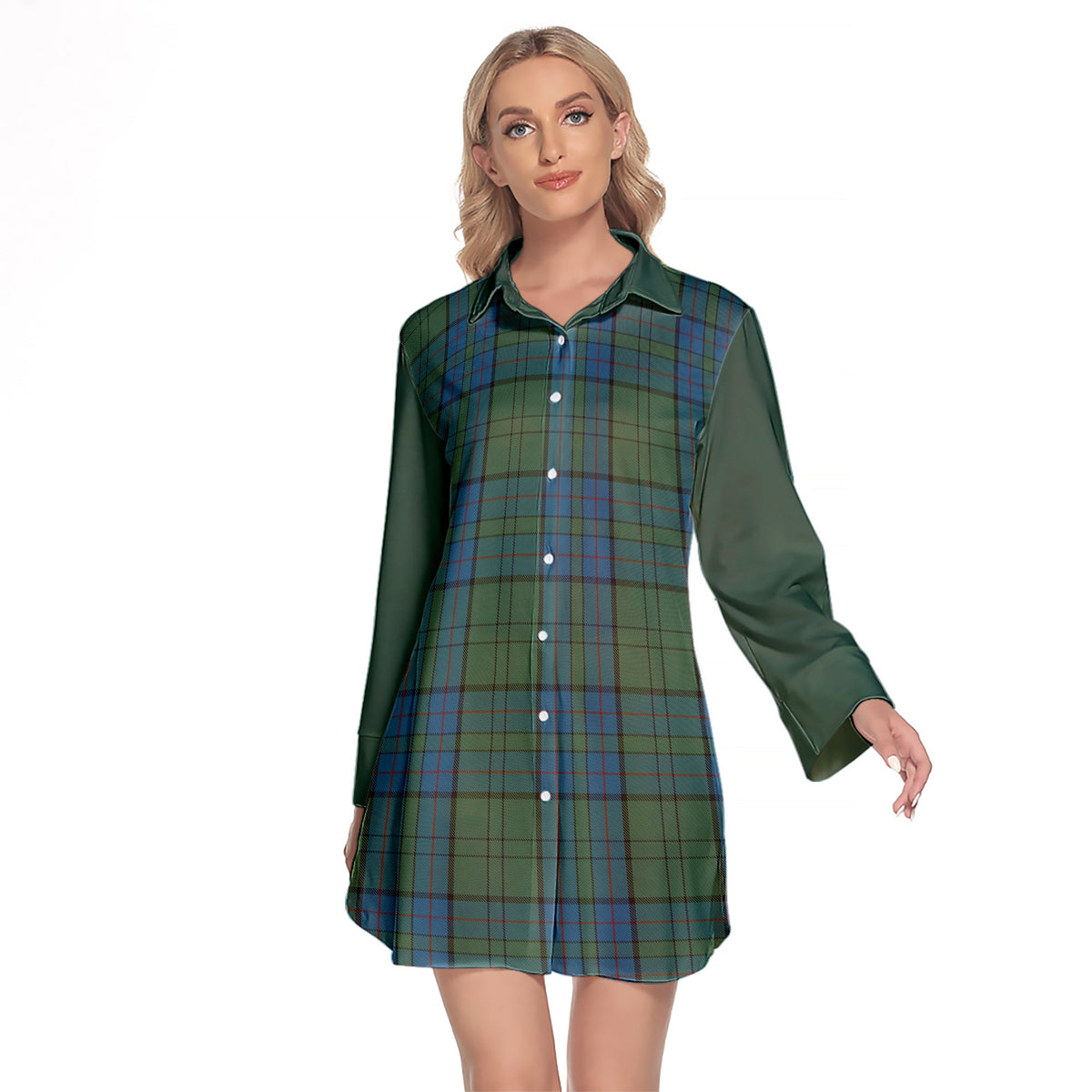 Lockhart Tartan Women's Lapel Shirt Dress With Long Sleeve