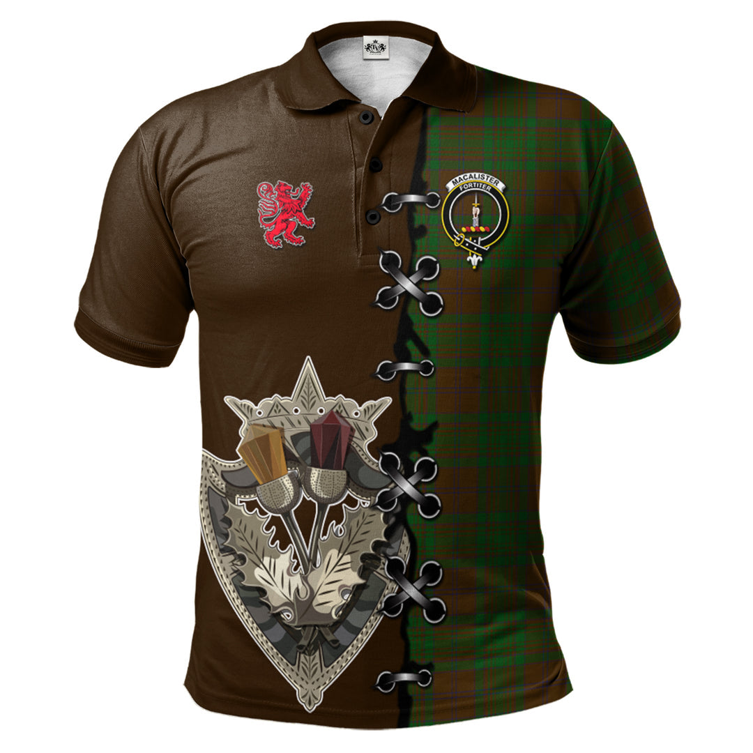 MacAlister of Glenbarr Hunting Tartan Polo Shirt - Lion Rampant And Celtic Thistle Style
