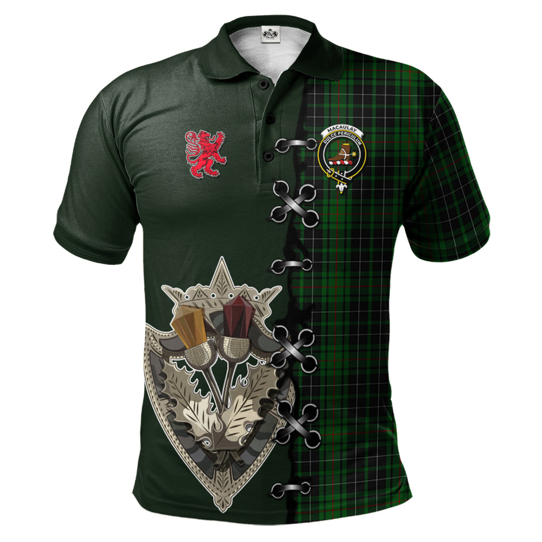 MacAulay Hunting Tartan Polo Shirt - Lion Rampant And Celtic Thistle Style