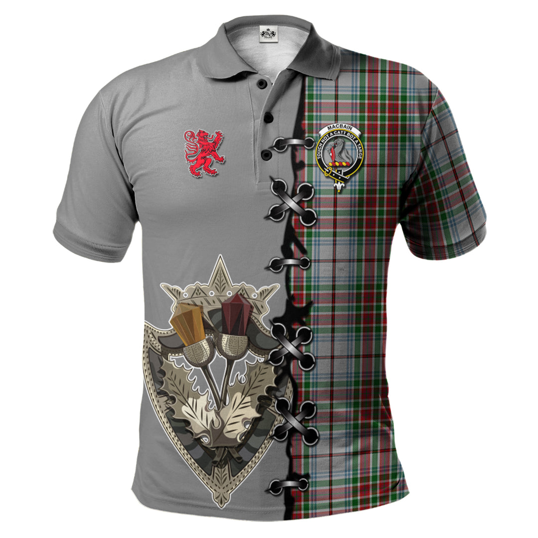 Macbain Dress Tartan Polo Shirt - Lion Rampant And Celtic Thistle Style