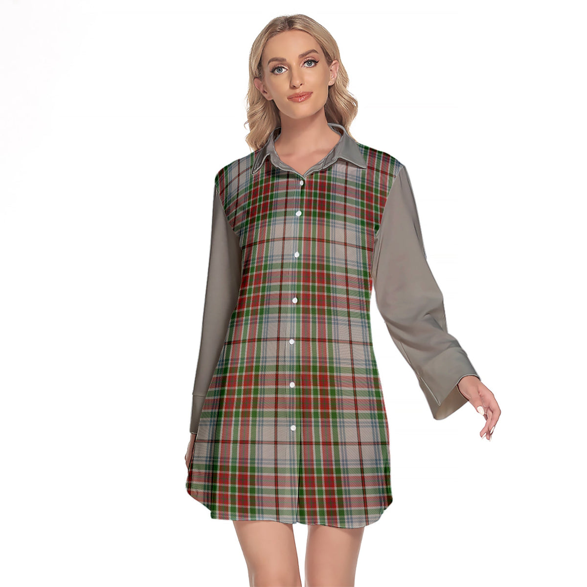 MacBain Dress Tartan Women's Lapel Shirt Dress With Long Sleeve